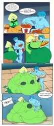 1boy 1girls bbw belly big_belly big_breasts blob blue_hair blue_skin breasts comic dialogue eating erection fat feederism feeding female food green_skin huge_belly huge_breasts immobile inks-kinks male morbidly_obese nipples obese overweight overweight_female penis peridot_(steven_universe) ssbbw steven_universe text weight_gain