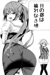 2girls :d amisu animal_ears ass black_thighhighs blazer blush closed_mouth commentary_request dress embarrassed floppy_ears greyscale hair_ribbon highres jacket japanese_text long_hair long_sleeves looking_at_viewer monochrome multiple_girls necktie open_mouth ponytail rabbit_ears reisen ribbon short_hair short_sleeves simple_background smile solo_focus sweat thigh_strap thighhighs touhou translation_request watatsuki_no_yorihime