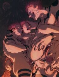 3boys abs anal anal_penetration arm_tattoo artist_name chest_tattoo double_penetration dual_persona ear_piercing facial_tattoo finger_in_another's_mouth grin hair_slicked_back highres itadori_yuuji jujutsu_kaisen leg_tattoo male male/male male_focus multiple_boys nipples pectorals penis piercing pink_hair rubymoon_art ryoumen_sukuna_(jujutsu_kaisen) ryoumen_sukuna_(true_form)_(jujutsu_kaisen) short_hair smile tattoo teeth testicles yaoi