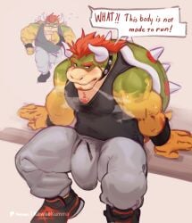 1boy anthro big_bulge body_hair bottomwear bowser breath bulge chest_hair clothed clothing detailed_bulge dialogue erection footwear fully_clothed genital_outline grey_sweatpants hair hi_res horn jogging kawaakumma koopa male male_only mario_(series) muscular muscular_anthro muscular_male nintendo pants penis_outline red_hair reptile scales scalie shell shoes sitting sneakers solo speech_bubble spiked_shell spikes spikes_(anatomy) sweatpants text yellow_body yellow_scales