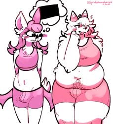 1dickgirl 2024 anthro artist_name bat blushing bulge chubby dog dog_ears exercise_clothing happy_trail horns humanoid nier_(pinkshinyhorns) original original_character pinkshinyhorns skinny tagme tail thought_bubble trans_(lore) trans_woman_(lore) white_fur wings