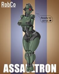 1_eye 2020 4:5 absurd_res arttukorppu assaultron assaultron_(fallout) blush dialogue english_text fallout female heart_symbol hi_res humanoid machine microsoft not_furry red_eyes robot robot_humanoid simple_background solo standing text thick_thighs