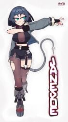 1girls animal_humanoid aqua_eyes belt black_hair boots doubt_(thedo_ubt) full_body gloves huge_breasts jacket jane_doe_(zenless_zone_zero) looking_away mammal_humanoid midriff mihoyo murid_humanoid pantyhose rodent_ears rodent_humanoid shorts simple_background smile solo tail text thighhighs torn_clothes walking zenless_zone_zero