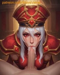 ai_generated blowjob cock cock_in_mouth cum cum_in_mouth penis penis_in_mouth red_eyes sally_whitemane sucking_dick sucking_penis white_hair world_of_warcraft