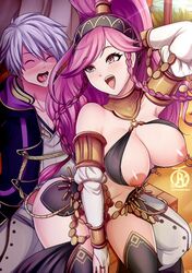 1boy alternate_costume ass_shake blush breasts buttjob dancing female fire_emblem fire_emblem_awakening fire_emblem_heroes grinding lapdance large_breasts nipple_piercing nipples olivia_(fire_emblem) olivia_(performing_arts)_(fire_emblem) open_mouth pink_eyes pink_hair ponytail revolverwingstudios robin_(fire_emblem) robin_(fire_emblem)_(male) rubbing skirt sweat thighs tied_hair white_hair wide_hips