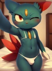 1boy :3 ai_generated animal_ears bikini blush body_fur bulge closed_mouth damnblackfox furry_male indoors looking_at_viewer male_focus one_eye_closed pokemon red_eyes selfie smile sneasel solo stable_diffusion swimsuit underwear white_bikini winking_at_viewer