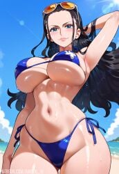 1girls ai_generated amiral_ai bare_arms bare_legs bare_shoulders bare_thighs big_breasts bikini bikini_bottom bikini_top black_hair blue_eyes blush clothed clothing color eyewear_on_head female female_focus female_only hi_res large_breasts light-skinned_female light_skin long_hair looking_at_viewer nico_robin one_piece shounen_jump solo solo_female sunglasses sweat tagme thick_thighs