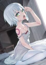 bare_arms bare_shoulders bed between_legs blush bow breasts cleavage collarbone commentary_request condom cum day dress dutch_angle fate/apocrypha fate_(series) female flat_chest frilled_dress frills from_side green_eyes hair_between_eyes hand_between_legs henry_bird_9 holding holding_condom indoors jack_the_ripper_(fate/apocrypha) licking light_particles looking_at_viewer no_bra official_alternate_costume on_bed open_mouth pantyhose photoshop_(medium) pillow red_bow scar scar_on_cheek scar_on_face shiny_clothes shiny_skin short_hair shoulder_tattoo sideways_glance sitting slit_pupils solo straight_hair strap_gap strap_slip sunlight table tattoo teeth textless_version tongue tongue_out upper_teeth_only used_condom wariza white_dress white_hair white_pantyhose window wooden_ceiling wooden_wall