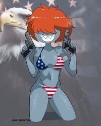 1girls 2024 2d 2d_(artwork) 2d_artwork 4th_of_july american_flag american_flag_bikini bandage bandaged_arm belly_button bikini color colored covered_eyes eagle female_focus female_only firearm firearms flag_bikini front_view girl_only gnash_(kludi) grey_body guns holding_breast lewd_inspector patriotic_clothing patriotism pistol pistol_in_hand red_hair sharp_teeth solo solo_female solo_focus stock_image swimsuit watermark white_teeth