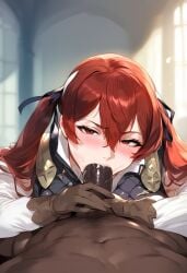 1boy 1girl ai_generated axiah big_breasts big_penis blowjob blush brown_vest cheating cheating_wife civitai curvy dark-skinned_male deepthroat fellatio female fire_emblem fire_emblem_awakening fire_emblem_fates hair_ribbon highres huge_breasts huge_cock interracial large_breasts large_penis light-skinned_female long_hair looking_at_viewer mature_female milf netorare nintendo ntr penis pov red_hair saliva saliva_on_penis selena_(fire_emblem_fates) severa_(fire_emblem) sleeves sweat twintails vest voluptuous white_sleeves wide_hips