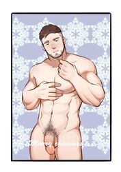 1boy abs bara body_hair character_request christmas copyright_request facial_hair human male male_focus male_only muscle nude penis peterhl pubic_hair smile solo testicles