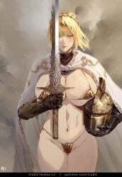 1girls belly belly_button big_breasts bikini blonde_female blonde_hair blonde_hair_female busty cape club3 elden_ring female female_only fromsoftware gold_eyes golden_bikini golden_hair golden_retriever helmet hi_res holding_helmet holding_sword holding_weapon huge_breasts knight large_breasts light-skinned_female light_skin mostly_clothed needle_knight_leda partially_clothed pose posing pubic_hair pubic_hair_peek revealing_clothes revealing_swimsuit shadow_of_the_erdtree sword thick thick_thighs thighs tummy weapon