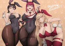 3girls bare_arms bare_shoulders bare_thighs big_breasts blonde_hair blush brown_hair bunny_ears bunnysuit chainsaw_man clothed clothing collar color dcelestial female female_focus female_only fit_female hi_res higashiyama_kobeni large_breasts light-skinned_female light_skin long_hair looking_at_viewer makima_(chainsaw_man) nipples_visible_through_clothing power_(chainsaw_man) red_hair solo_female tagme thick_thighs yellow_eyes