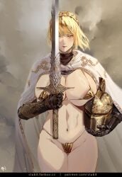 1girls belly belly_button big_breasts bikini blonde_female blonde_hair blonde_hair_female busty cape club3 elden_ring female female_only fromsoftware gold_eyes golden_bikini golden_hair golden_retriever helmet holding_helmet holding_sword holding_weapon huge_breasts knight knightess large_breasts light-skinned_female light_skin mostly_clothed needle_knight_leda partially_clothed pose posing revealing_clothes revealing_swimsuit shadow_of_the_erdtree sword thick thick_thighs thighs tummy weapon