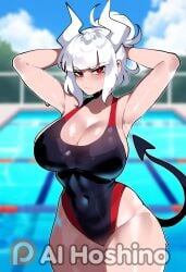 ai_generated blush female helltaker highres hoshino_ai_(generated) looking_at_viewer lucifer_(helltaker) ponytail portrait solo swimming_pool swimsuit swimwear thiccwithaq_(ai_style) thick_ass thick_thighs tying_hair upper_body water wet white_hair