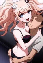 1boy 1girls accurate_art_style ai_generated asian asian_female ass_crack black_bra black_panties blue_eyes clothed clothed_male danganronpa danganronpa:_trigger_happy_havoc dimples_of_venus eyeless eyeless_male female grabbing_ass happy hugging japanese japanese_female junko_enoshima looking_at_viewer male mostly_nude mostly_nude_female open_mouth spike_chunsoft strawberry_blonde_hair twintails underwear underwear_only