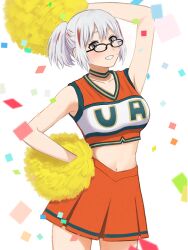 arms_up big_breasts blush cheerleader cheerleader_uniform fuyumi_todoroki glasses looking_at_viewer multicolored_hair my_hero_academia pom_poms ponytail smile unknown_artist white_hair