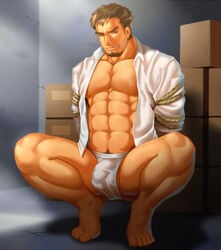 1boy abs bara barefoot bondage briefs bulge crotch facial_hair feet human koggo male male_focus male_only muscle open_shirt partially_clothed pecs restrained solo tagme toes underwear white_underwear