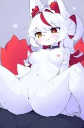 1boy1girl belly_button black_fur devvoxy excited fluffy fluffy_ears fluffy_tail furry heart heterochromia knia_(devvoxy) necktie neckwear red_highlights red_tail reverse_cowgirl_position small_breasts smaller_female socks stockings sweat sweatdrop tail teeth thighhighs white_fur white_hair white_legwear