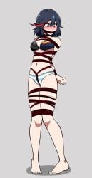 1girls arms_tied_behind_back blush bondage bra crotch_rope female female_only gag gagged human jam-orbital kill_la_kill life_fiber matoi_ryuuko panties rope_gag rope_harness senketsu shibari_over_clothes solo striped_panties underwear underwear_only