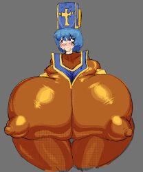 big_breasts big_nipples blue_hair blush bodysuit breasts dragon_quest hyper_breasts massive_breasts nipple_bulge nipples orange_bodysuit priest_(dq3) tagme unfunvalentine