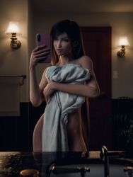1girls 2024 3d bathroom black_hair completely_nude completely_nude_female covered_breasts covered_pussy covering_breasts covering_self earrings eyeshadow female female_only final_fantasy final_fantasy_vii final_fantasy_vii_remake fit fit_female greengiant3d holding_phone holding_towel indoors legs_apart legs_out_of_frame light_makeup lipstick long_hair looking_at_phone mirror mirror_selfie naked_towel no_visible_genitalia no_visible_nipples nude_cover pink_lipstick potted_plant red_eyes selfie sink solo standing tifa_lockhart very_long_hair