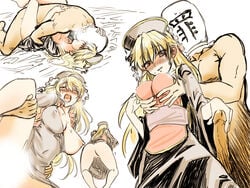 1boy 1girls all_fours ass black_dress blonde_hair blush breasts censored chinese_clothes dokutaa_hakase dress erect_nipples female full-face_blush grabbing grabbing_from_behind hat implied_sex junko_(touhou) kissing kissing_while_penetrated large_breasts large_penis leg_lock long_hair missionary_position moaning nipples no_panties on_back one_breast_out penis red_eyes saliva sash sex sin_sack spread_legs tassel tears touhou vaginal_penetration