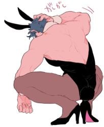 1boy battle_tendency bunny_boy bunny_ears bunny_tail bunnysuit hand_on_head high_heels joestar_birthmark jojo's_bizarre_adventure joseph_joestar male male_only solo