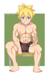 1boy abs barefoot big_bulge blonde_hair blue_eyes bulge crotch crotch_bulge feet full_body huge_bulge koharun_(artist) male male_focus male_only muscle muscles muscular muscular_male najimi-sensei naruto nipples sitting small_but_hung solo teeth topless underwear uzumaki_boruto vpl young