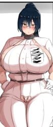 1girls big_ass big_breasts big_butt big_thighs blush breasts_bigger_than_head button_down_shirt color female massive_breasts pubic_hair revealing_clothes sinzaburou sketch solo_female solo_focus sweat sweatdrop thick_thighs venus_body