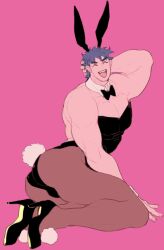 1boy battle_tendency bunny_boy bunny_ears bunnysuit high_heels jojo's_bizarre_adventure joseph_joestar male male_only muscular_male open_mouth smile solo