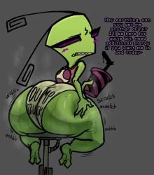 1female 1girls 2d 2d_(artwork) alien alien_girl antennae antennae_(anatomy) ass beverage big_ass big_butt bodily_fluids clothed clothed_female clothing english english_text female female_focus invader_zim irken itching looking_at_viewer looking_back nanodude78 nintendo onomatopoeia purple_eyes scratching_butt shortstack sitting solo solo_female sweat sweaty tak_(invader_zim) talking_to_viewer text thick_ass thick_butt yellow_teeth