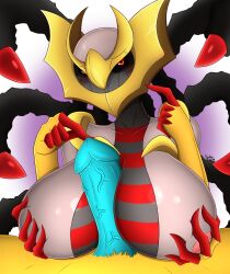 2024 4_hands anthro black_sclera black_stripes black_tentacles blue_penis blush breast_play breasts claws duo evrendos_(ballad) fan_character female finger_on_penis generation_4_pokemon generation_7_pokemon genitals giratina grey_body half-length_portrait hand_on_breast hi_res kamaleoa_drawings legendary_pokemon male markings mostly_offscreen_male mouthless multi_hand nintendo nipples penis penis_between_breasts pink_nipples pokemon pokemon_(species) portrait red_claws red_eyes red_fingers red_stripes sex shaded signature striped_markings stripes tentacle titjob yellow_body zeraora