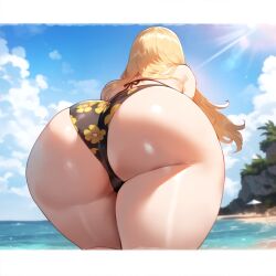 1girls ai_generated ass ass_focus back bare_shoulders beach bent_over bikini black_bikini black_swimsuit blonde_hair blue_sky blush breasts clothing cloud curvaceous curvaceous_female curvaceous_figure curvy curvy_figure day exhibitionism exhibitionist female female female_focus female_only floral_print from_behind huge_ass kitagawa_marin large_ass large_breasts long_hair looking_back miyuai ocean outdoor_nudity outdoors outside outside_sex presenting presenting_ass presenting_hindquarters presenting_self print_bikini sand sky solo sono_bisque_doll_wa_koi_wo_suru sunlight swimsuit thick_thighs thighs voluptuous voluptuous_female water