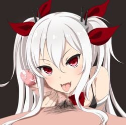 1boy 1girls azur_lane bikini_top black_bikini_top censored cum detached_collar fangs fellatio female hair_between_eyes hair_ribbon light-skinned_female light-skinned_male light_skin long_hair looking_at_viewer male_pubic_hair mosaic_censoring open_mouth oral penis pov pubic_hair red_eyes ribbon royal_navy_(azur_lane) silver_hair smile solo_focus tongue tongue_out twintails vampire_(azur_lane) wonawo