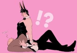 !? 2boys battle_tendency bunny_boy bunny_ears bunny_tail bunnysuit caesar_zeppeli clothed clothing face_in_crotch gay high_heels jojo's_bizarre_adventure joseph_joestar male male/male male_only thigh_crush yaoi