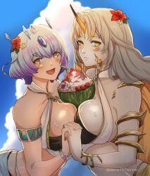 2girls alternate_costume asymmetrical_docking between_breasts bikini blonde_hair blue_sky blush bob_cut breast_press breasts brown_eyes closed_mouth cloud coconut colored_inner_hair female female_only fire_emblem fire_emblem_heroes flower grey_hair gullveig_(fire_emblem) gullveig_(summer)_(fire_emblem) hair_flower hair_ornament highres holding_hands horns large_breasts multicolored_hair multiple_girls nintendo official_alternate_costume open_mouth outdoors purple_hair red_flower seidr_(fire_emblem) seidr_(summer)_(fire_emblem) short_hair sierra117renner single_horn sky smile swimsuit twitter_username white_bikini white_swimsuit yellow_eyes yellow_horns