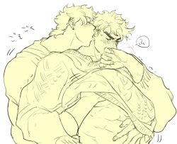 2boys battle_tendency blush caesar_zeppeli chest_grab closed_eyes gay jojo's_bizarre_adventure joseph_joestar licking_ear looking_pleasured male male/male male_only muscular_male tongue tongue_out yaoi