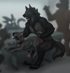 amiel_(artist) anal anal_sex anthro anus balls big_penis black_body black_fur canid canine canis digital_media_(artwork) domestic_dog duo erection feral feral_penetrated fur gay genitals hi_res huge_cock human_on_feral human_penetrating_feral humanoid_genitalia humanoid_penis interspecies male male/male male_on_feral male_only male_penetrated male_penetrating male_penetrating_male mammal rape sex zoophilia