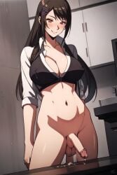 1girls ai_generated belly_button black_hair blouse bottomless chabashira_sae classroom_of_the_elite collarbone cum_on_table cumming erect_penis futa_only futanari long_hair mature_female medium_breasts medium_penis midriff navel normal_size_dick partially_clothed pelvic_line penis platinum6969 ponytail smile solo_female teacher