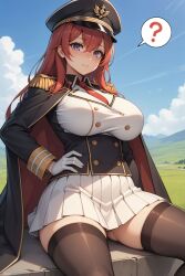 ? ai_generated black_thighhighs breasts female gloves hat juswa large_breasts long_hair looking_at_viewer necktie outdoors peaked_cap pleated_skirt purple_eyes red_hair sitting skirt sky solo spoken_question_mark thighhighs uniform white_gloves white_skirt