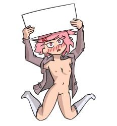 1girls blush blush_lines breasts doki_doki_literature_club female female_only human natsuki_(doki_doki_literature_club) nipples pink_eyes pink_hair solo thatguynamedjoe