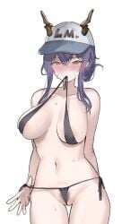 areola_slip arknights arm_behind_back bare_shoulders baseball_cap bikini black_bikini black_ribbon blush breasts ch&#039;en_(arknights) cleavage collarbone cowboy_shot dragon_horns female female_pubic_hair female_tourist_c_(arknights) folded_ponytail hair_between_eyes hat highres horns horns_through_headwear large_breasts long_hair looking_at_viewer micro_bikini mouth_hold otsumami_(02mami) pubic_hair pubic_hair_peek red_eyes ribbon side-tie_bikini_bottom sidelocks simple_background solo swimsuit thigh_gap untied_bikini white_background white_hat