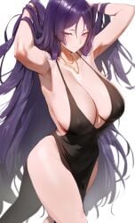 1girls 2024 2d 2d_(artwork) alternate_breast_size arms_up breasts choker cleavage cocktail_dress digital_media_(artwork) dress fate/grand_order fate_(series) female female_focus female_only hair_ornament highres japanese_female jewelry light-skinned_female long_hair looking_at_viewer mature_female mature_woman milf minamoto_no_raikou_(fate/grand_order) mommy mother necklace older_female pubic_hair purple_eyes revealing_clothes rororo seductive_look seductive_pose thighhighs thighs very_long_hair voluptuous_female