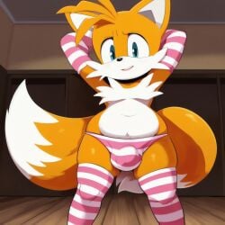 1boy ai_generated arms_behind_head blue_eyes bulge crossdressing damnblackfox fox_boy fox_tail furry girly male_focus multiple_tails orange_fur smile solo stable_diffusion standing tails two_tails underwear