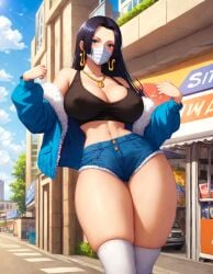 1girls ai_generated alex-schura bangs bare_shoulders black_hair black_tank_top blue_eyes blue_jacket blue_shorts blue_sky blush boa_hancock breasts building city cleavage clothing cloud completely_nude crop_top curvaceous curvaceous_female curvaceous_figure curvy curvy_figure cutoffs day denim denim_shorts earrings female female_focus female_only forehead fur-trimmed_jacket fur_trim hoop_earrings huge_breasts jacket jewelry large_breasts legwear long_hair long_sleeves looking_at_viewer mask midriff mouth_mask navel necklace off_shoulder one_piece open_clothes open_jacket outdoors parted_bangs patreon_username shirt short_shorts shorts skindentation sky solo standing surgical_mask tank_top thick_thighs thighhighs thighs voluptuous voluptuous_female web_address white_thighhighs