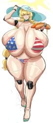 1girls american_flag_bikini areolae areolae_slip big_breasts bikini blonde_hair breasts cleavage female female_focus female_only giant_breasts gigantic_breasts hot_dog huge_breasts huge_thighs hyper hyper_breasts massive_breasts milf phallic_imagery robot robot_girl s_elbeej smile solo spring_(s_elbeej) thick_thighs wide_hips