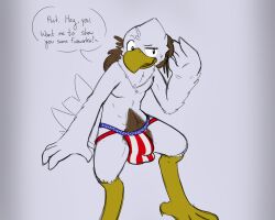 accipitrid accipitriform american_flag avian beak big_bulge bird brown_body brown_feathers bulge clothed clothing eagle feathers feet ferrissimulator flag haywood hi_res invalid_color jockstrap male partially_clothed solo tagme talons toes underwear united_states_of_america white_body white_feathers