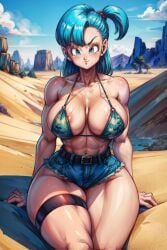 1girls abs ai_generated areola areola_slip areolae areolae_slip armwear bangs belt big_breasts bikini_top blue_hair blush breasts bulma_(dragon_ball) bulma_briefs busty_buff camo_clothing camouflage camouflage_bikini cleavage collarbone denim denim_shorts desert dragon_ball dragon_ball_super dragon_ball_z earrings female female_only grin hair_tie huge_breasts looking_at_viewer midriff mountain navel outdoors outside sand short_hair shorts side_ponytail sideboob sitting solo solo_female stable_diffusion tampopo thick_thighs thigh_strap toned toned_female underboob wide_hips