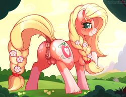 1girls 2017 absurd_res anatomically_correct anatomically_correct_pussy animal_genitalia animal_pussy anus applejack_(mlp) ass braided_hair butt clitoral_winking clitoris crotchboobs cutie_mark dock earth_pony equine equine_pussy female flower freckles hair hair_flower hi_res horse long_hair looking_at_viewer mammal my_little_pony outside plant pony presenting presenting_anus presenting_ass presenting_pussy presenting_teats pussy pussy_juice ratofdrawn solo